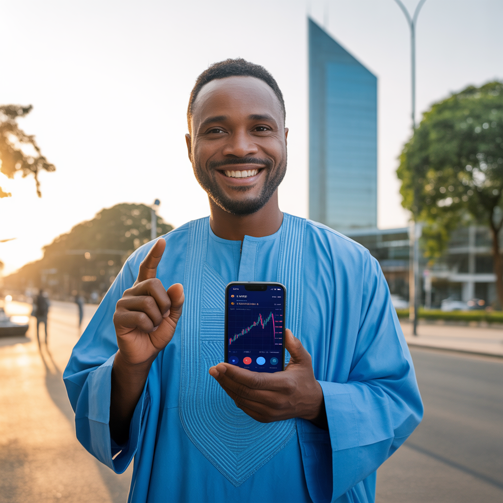 Jovem nigeriano sorrindo com celular mostrando gráficos de criptomoedas em Lagos